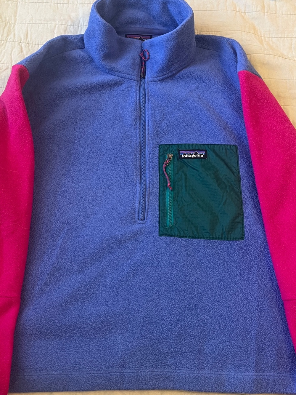 Patagonia half zip microdini fleece pullover color block hot pink periwinkle